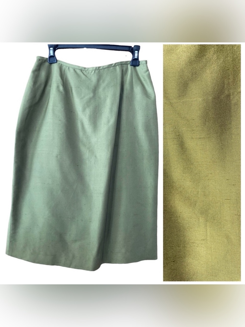 Vintage Kasper A.S.L. 100% Raw Silk Fabric Olive Green Pencil Skirt Size 10 EUC